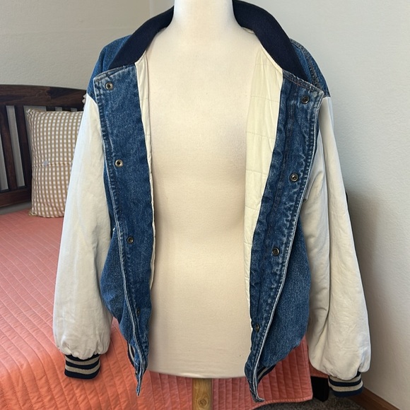 Vintage Denim Trucker Varsity Bomber Jacket Puff Quilted lining Mens Large - Picture 4 of 16